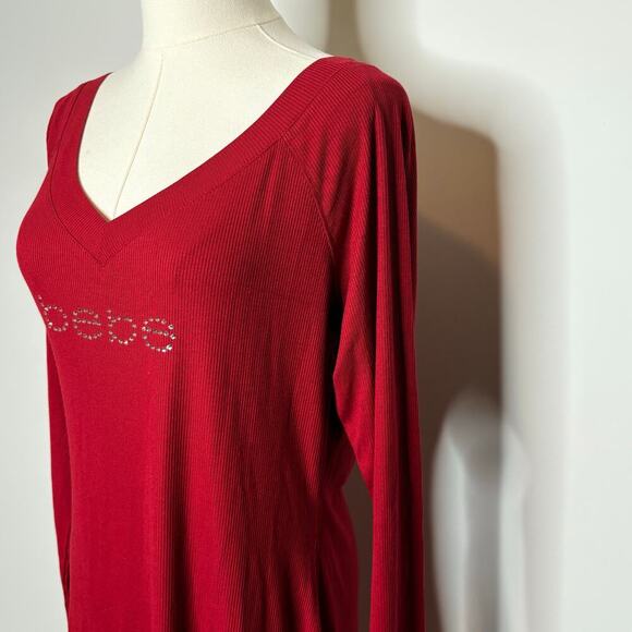 Bebe Red Long Sleeve Sparkly Logo Mini Dress Size Large - Picture 6 of 10